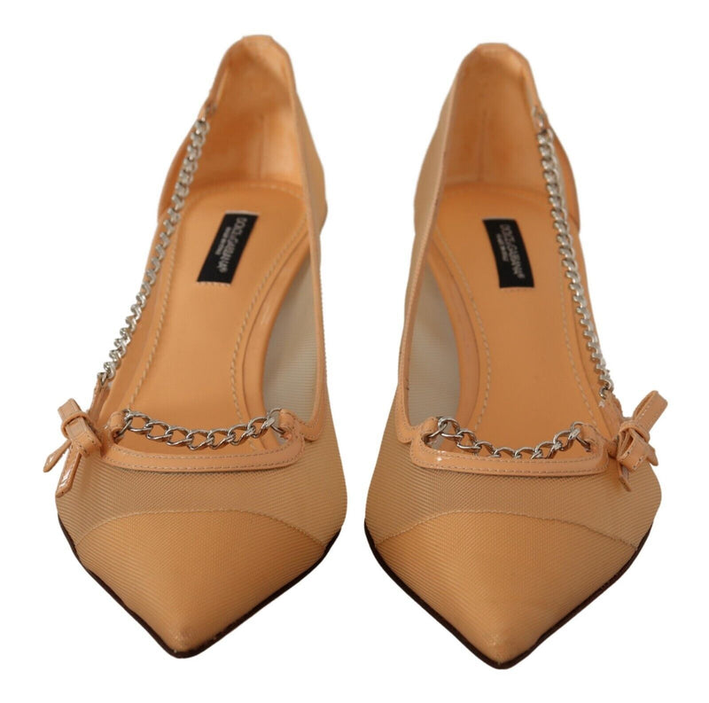 Dolce & Gabbana Elegant Beige Mesh Pumps with Silver Women's Chains