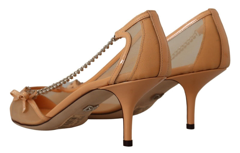 Dolce & Gabbana Elegant Beige Mesh Pumps with Silver Women's Chains