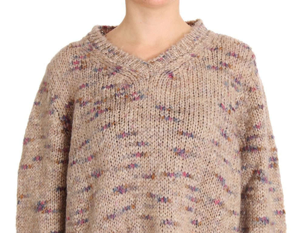 PINK MEMORIES Beige Oversized V-Neck Knitted Women's Sweater