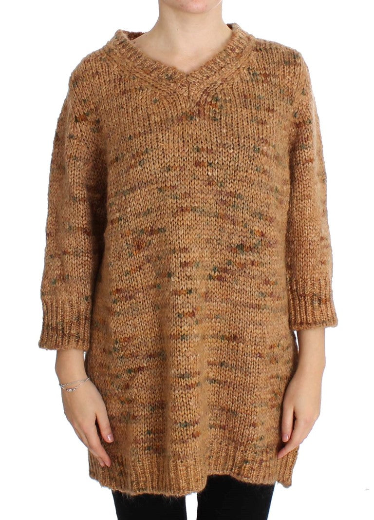 PINK MEMORIES Chic Brown Oversize Knitted V-Neck Women's Sweater