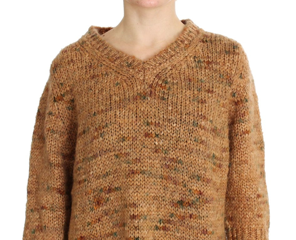 PINK MEMORIES Chic Brown Oversize Knitted V-Neck Women's Sweater