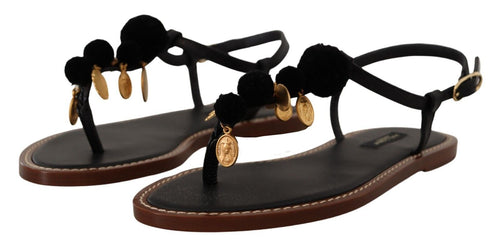 Dolce & Gabbana Chic Leather Ankle Strap Flats with Gold Women's Detailing