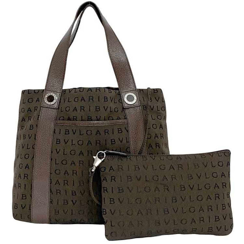 Bvlgari Logomania Brown Canvas Leather Handbag Tote Bag (Pre-Owned)