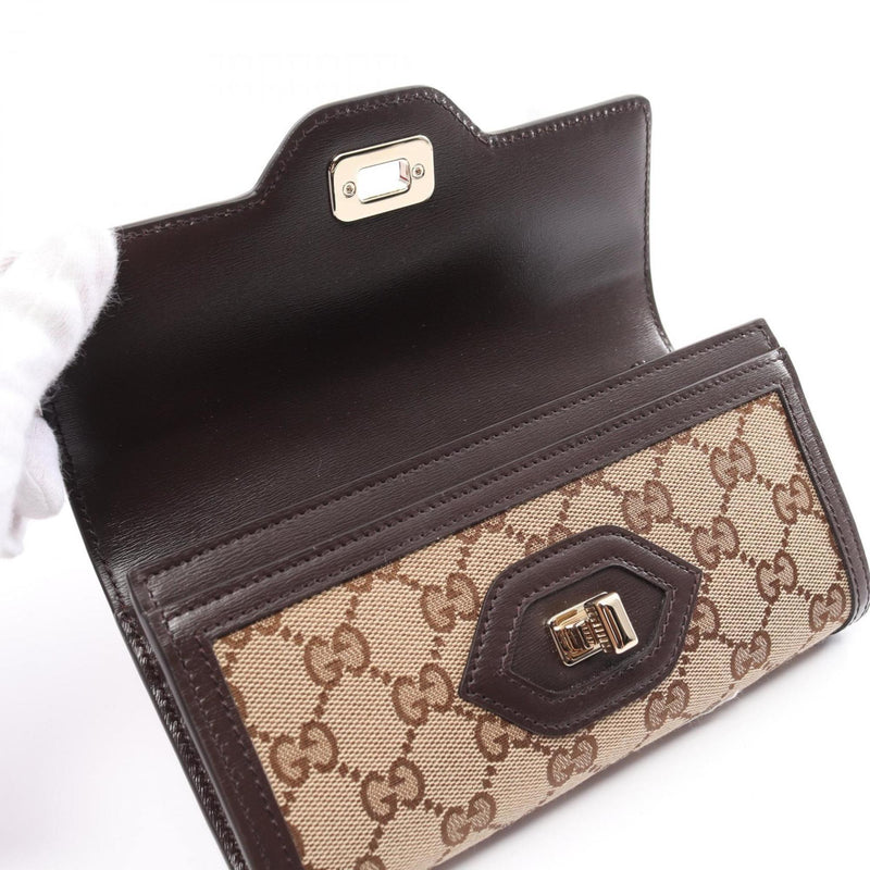 Gucci Beige Brown Canvas Leather Long Wallet (Bi-Fold)