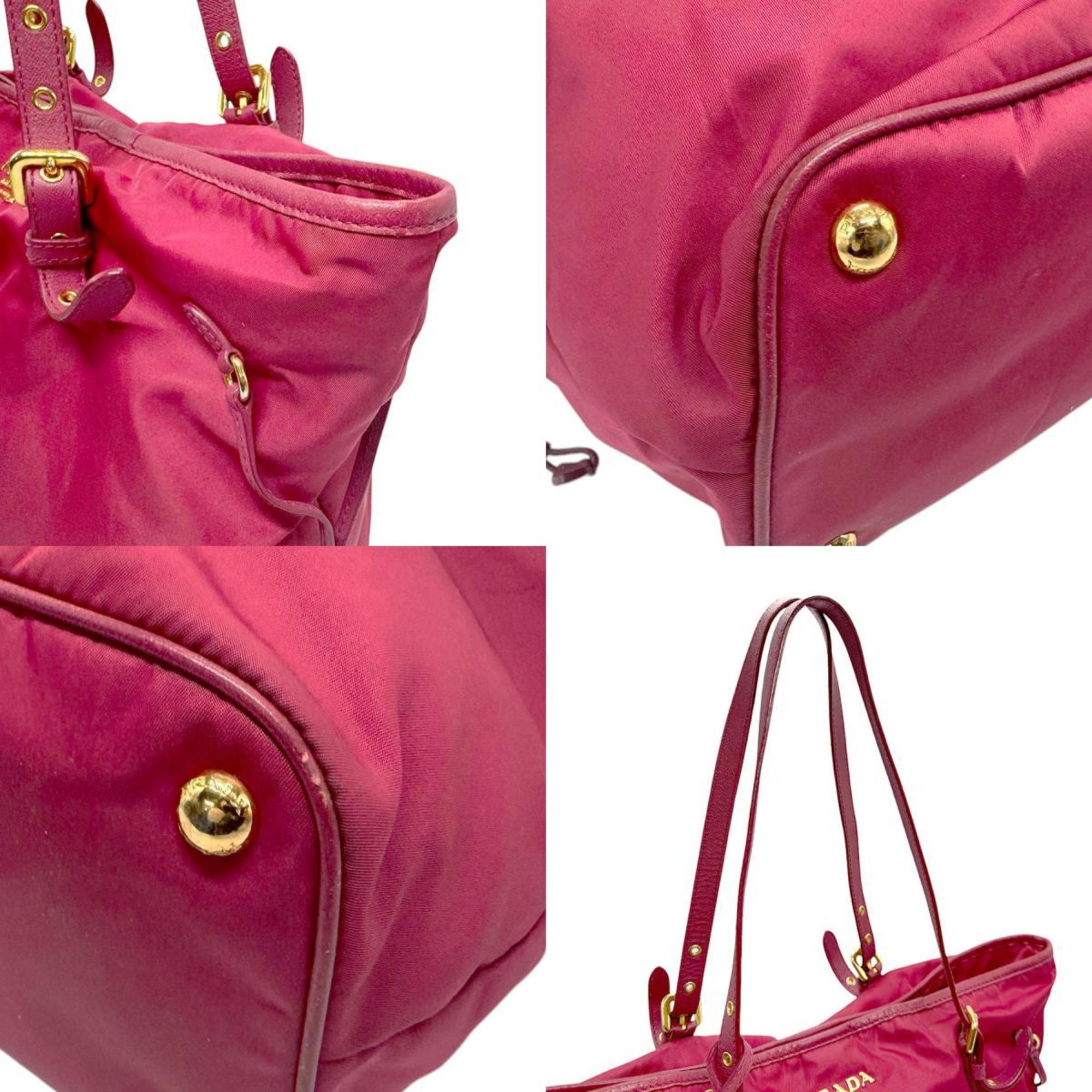 Prada Pink Red Color Nylon Leather Shoulder Bag Tote Bag (Pre-Owned)