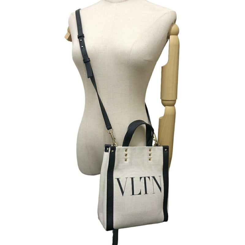 Valentino Garavani Beige Black Canvas Leather Handbag Shoulder Bag (Pre-Owned)