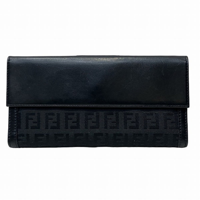 Fendi Black Leather Canvas Long Wallet (Bi-Fold) (Pre-Owned)