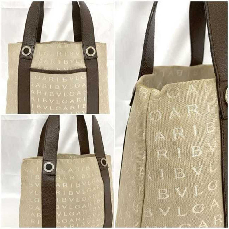 Bvlgari Beige Brown Canvas Leather Tote Bag (Pre-Owned)