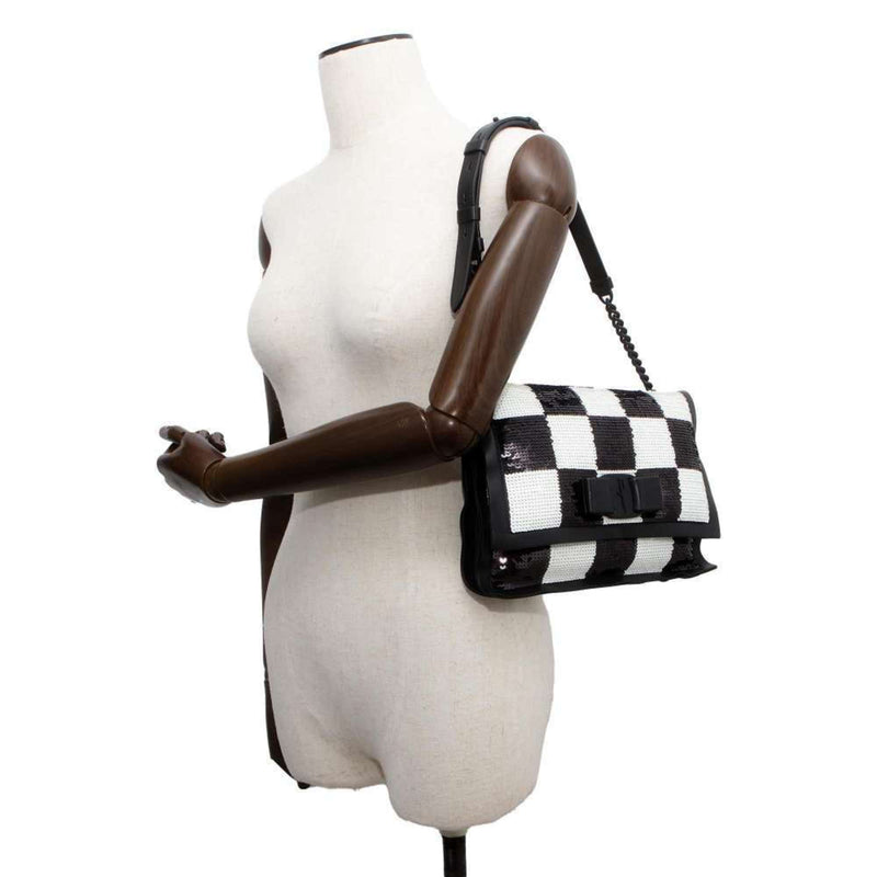 Salvatore Ferragamo Black White Spangles Leather Shoulder Bag (Pre-Owned)