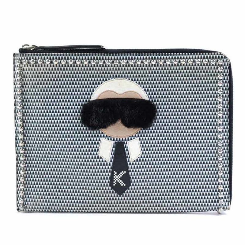 Fendi Black Gray White Leather Metal Fur Clutch Bag (Pre-Owned)