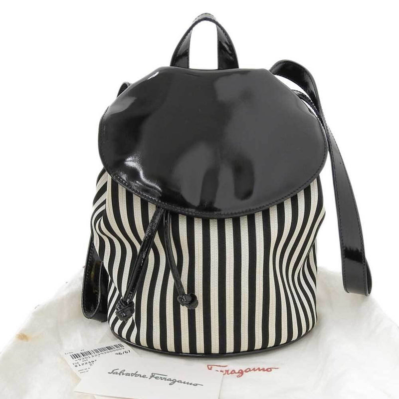 Salvatore Ferragamo Black White Patent Leather Canvas Backpack (Pre-Owned)