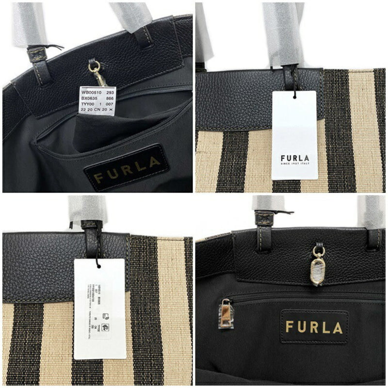 Furla Beige Black Canvas Leather Tote Bag (Pre-Owned)