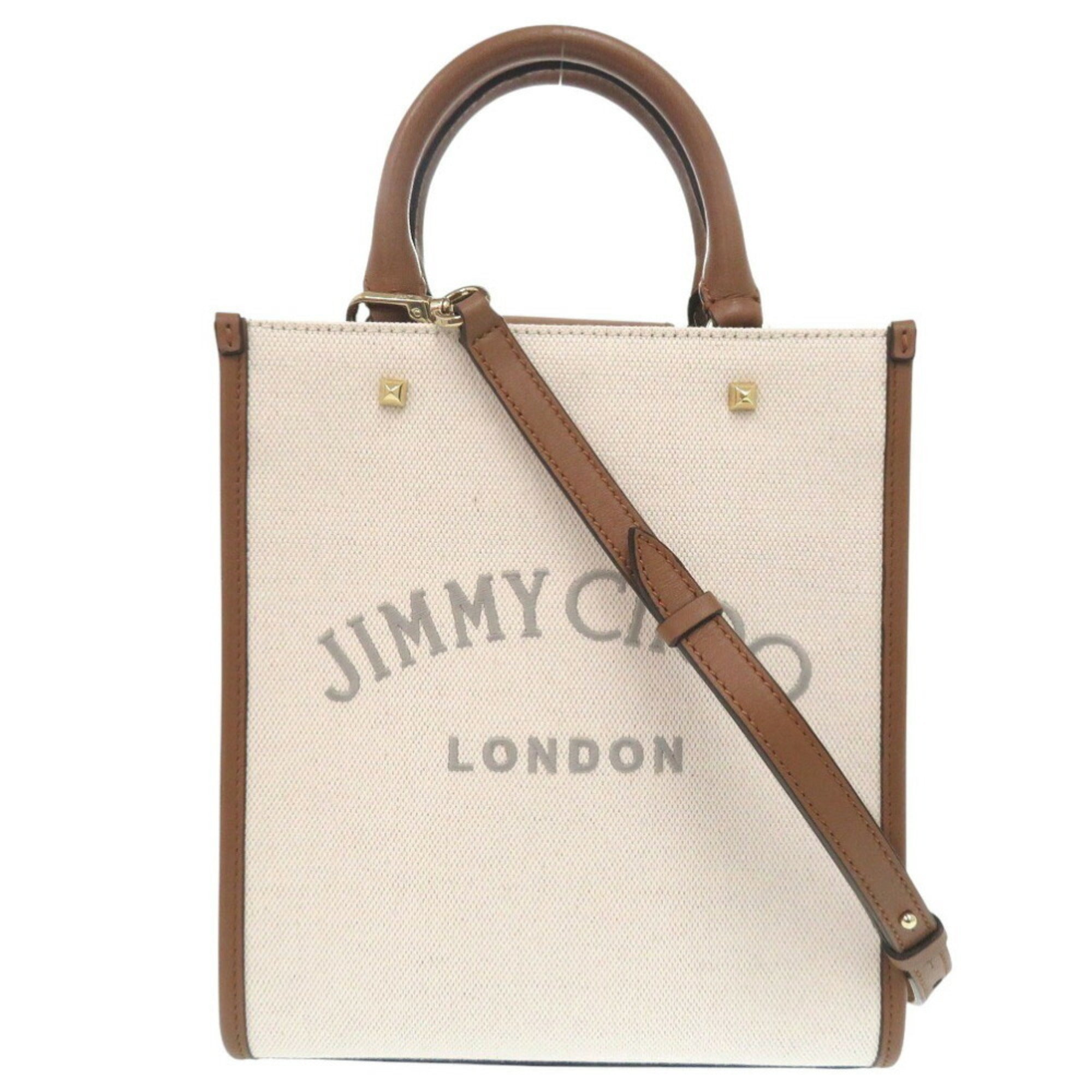 Jimmy Choo Beige Brown Canvas Leather Handbag Tote Bag (Pre-Owned)