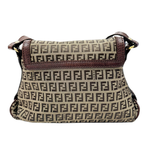 Fendi Beige Brown Zucchino Canvas Leather Shoulder Bag (Pre-Owned)