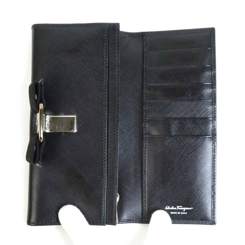 Salvatore Ferragamo Black Leather Metal Long Wallet (Bi-Fold) (Pre-Owned)