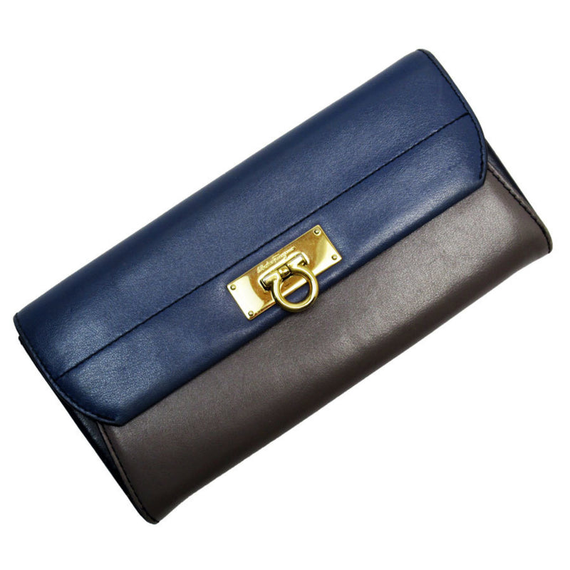 Salvatore Ferragamo Blue Gray Navy Leather Long Wallet (Bi-Fold) (Pre-Owned)