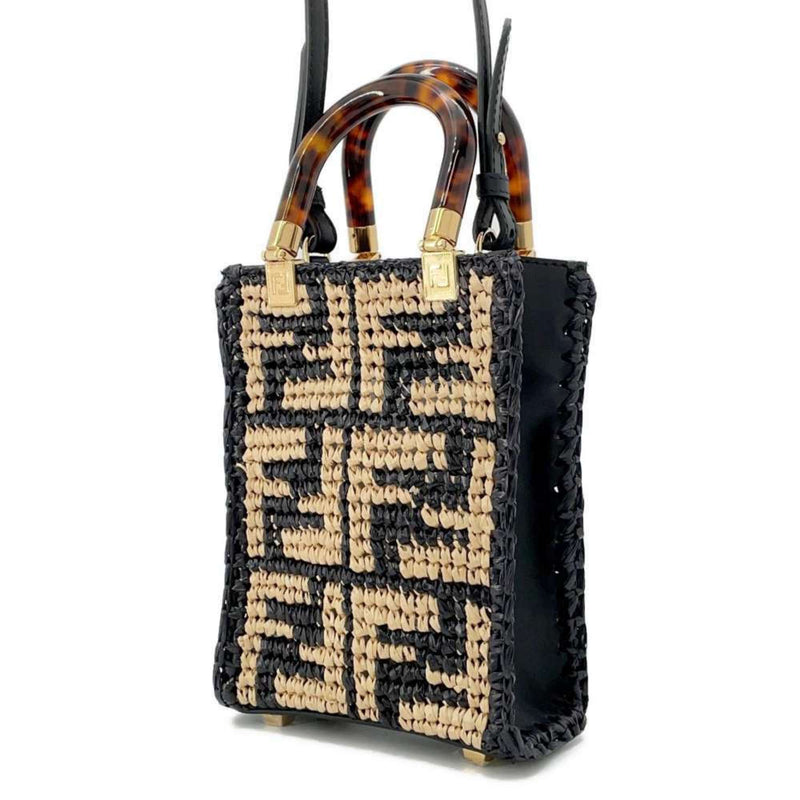 Fendi Beige Black Raffia Leather Handbag Shoulder Bag (Pre-Owned)