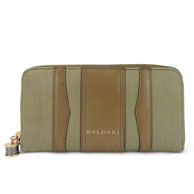 Bvlgari Khaki Brown Canvas Leather Long Wallet (Bi-Fold) (Pre-Owned)