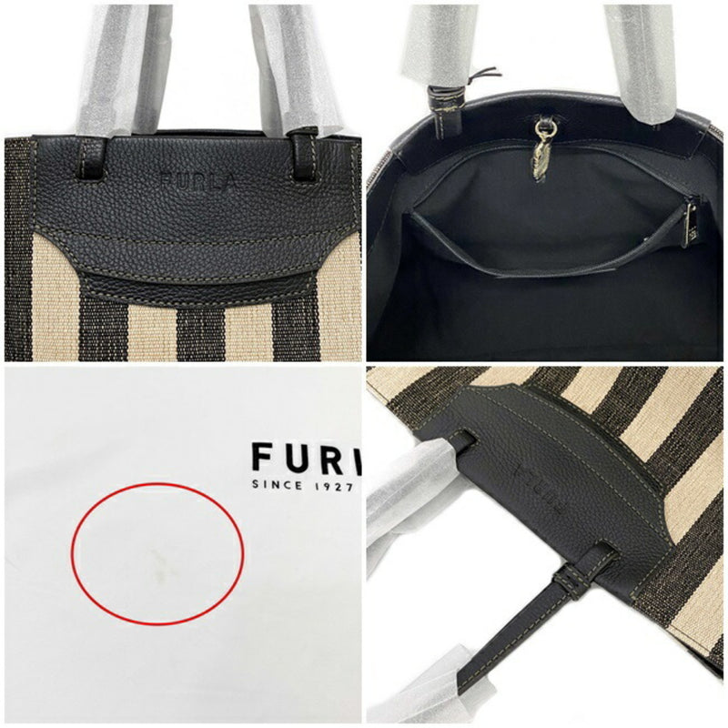 Furla Beige Black Canvas Leather Tote Bag (Pre-Owned)