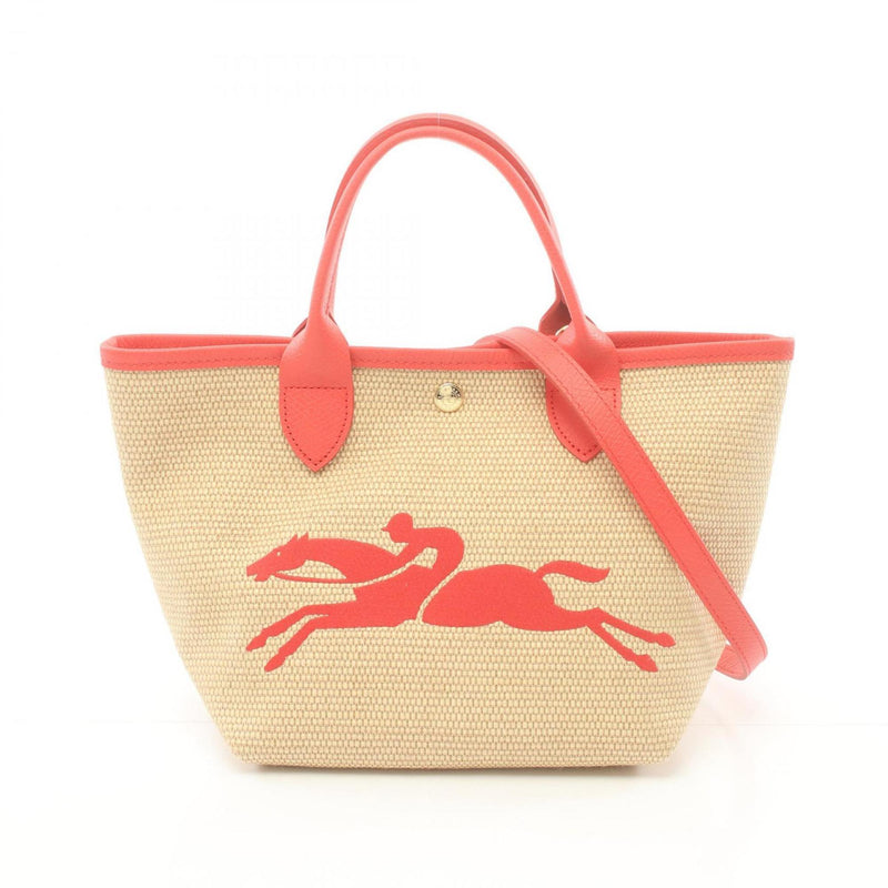 Longchamp Beige Red Color Leather Straw Handbag