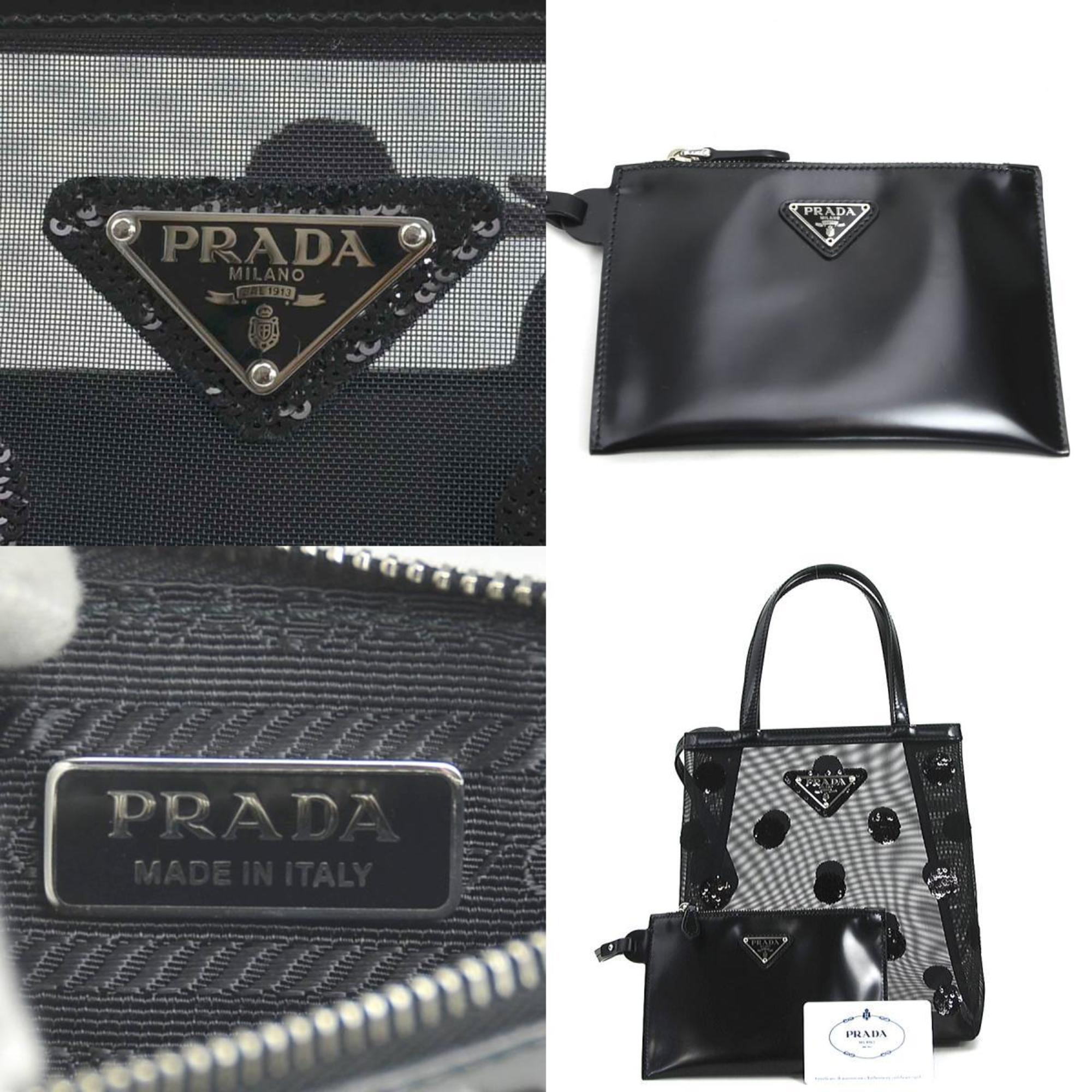 Prada Black Leather Spangles Mesh Handbag Pouch (Pre-Owned)