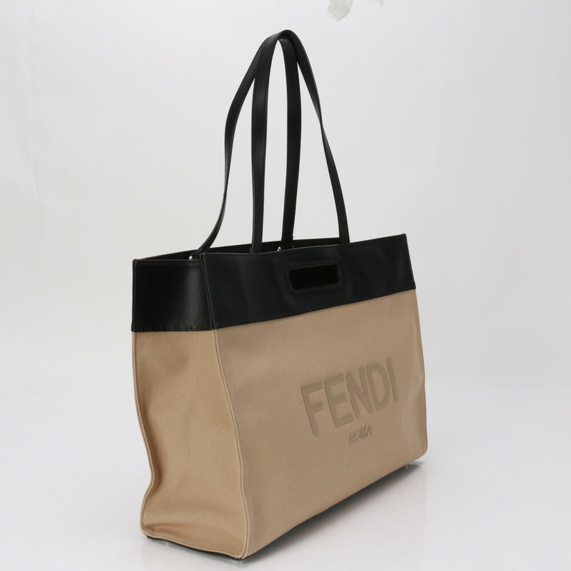 Fendi Beige Black Leather Canvas Shoulder Bag (Pre-Owned)