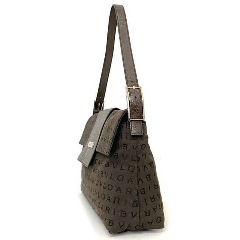 Bvlgari Logomania Brown White Canvas Handbag Shoulder Bag (Pre-Owned)