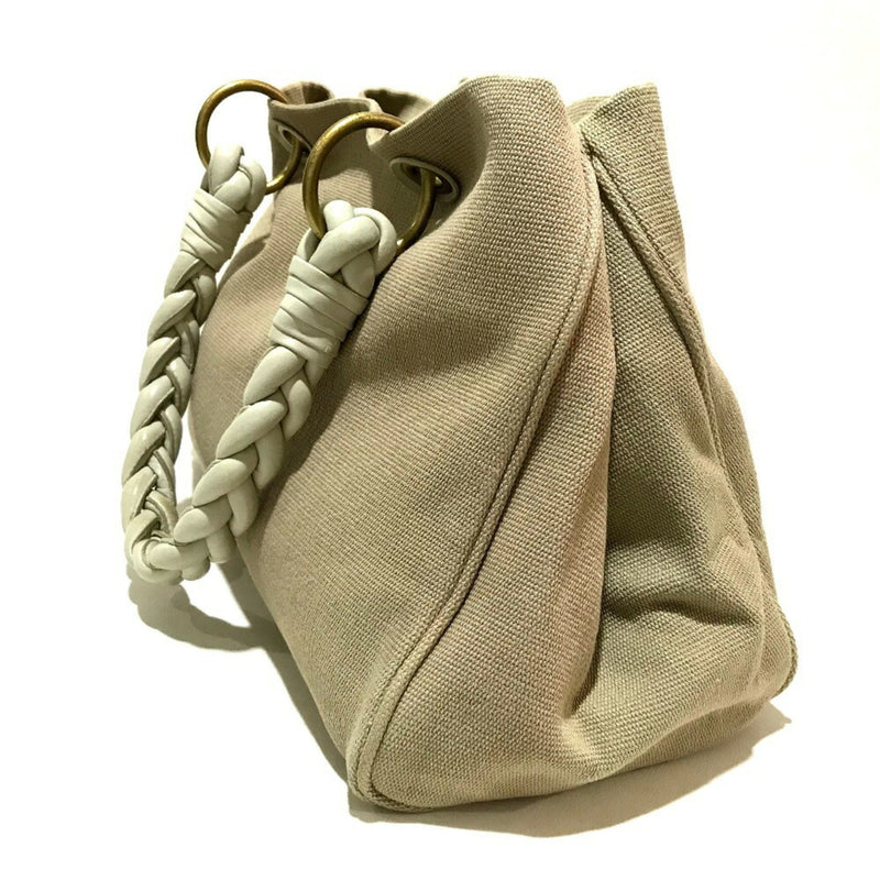 Bottega Veneta Beige Ivory Canvas Leather Shoulder Bag Tote Bag (Pre-Owned)