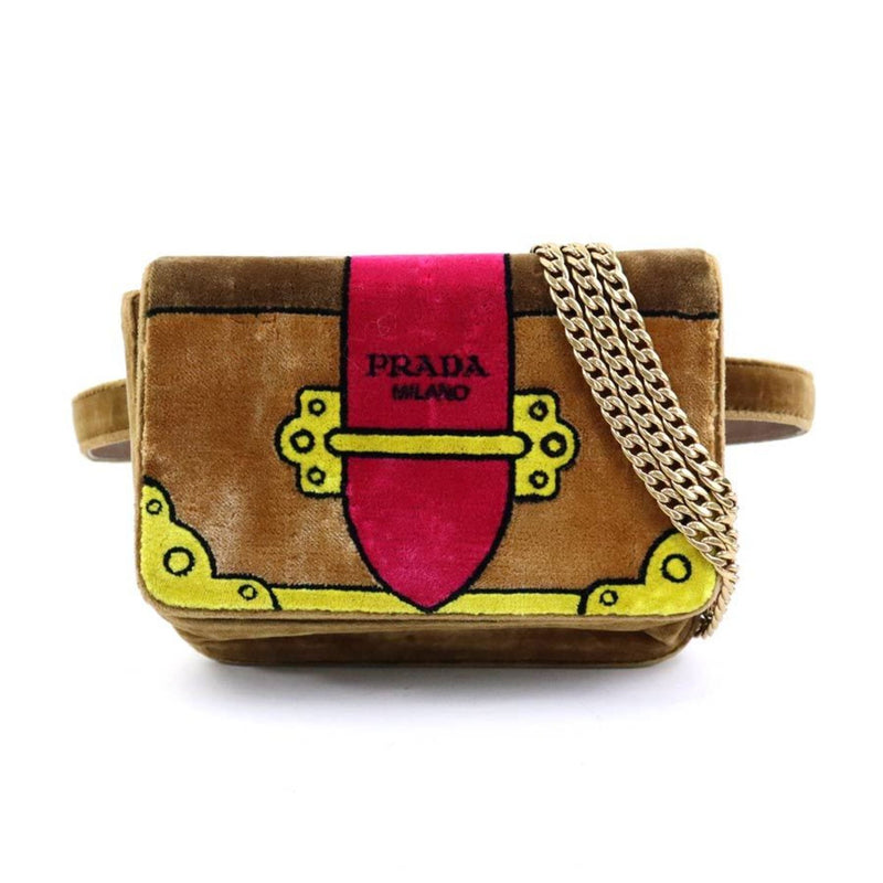 Prada Brown Red Color Yellow Velvet Shoulder Bag (Pre-Owned)