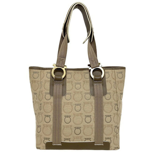 Salvatore Ferragamo Gancini Beige Brown Brown Canvas Leather Handbag Tote Bag (Pre-Owned)