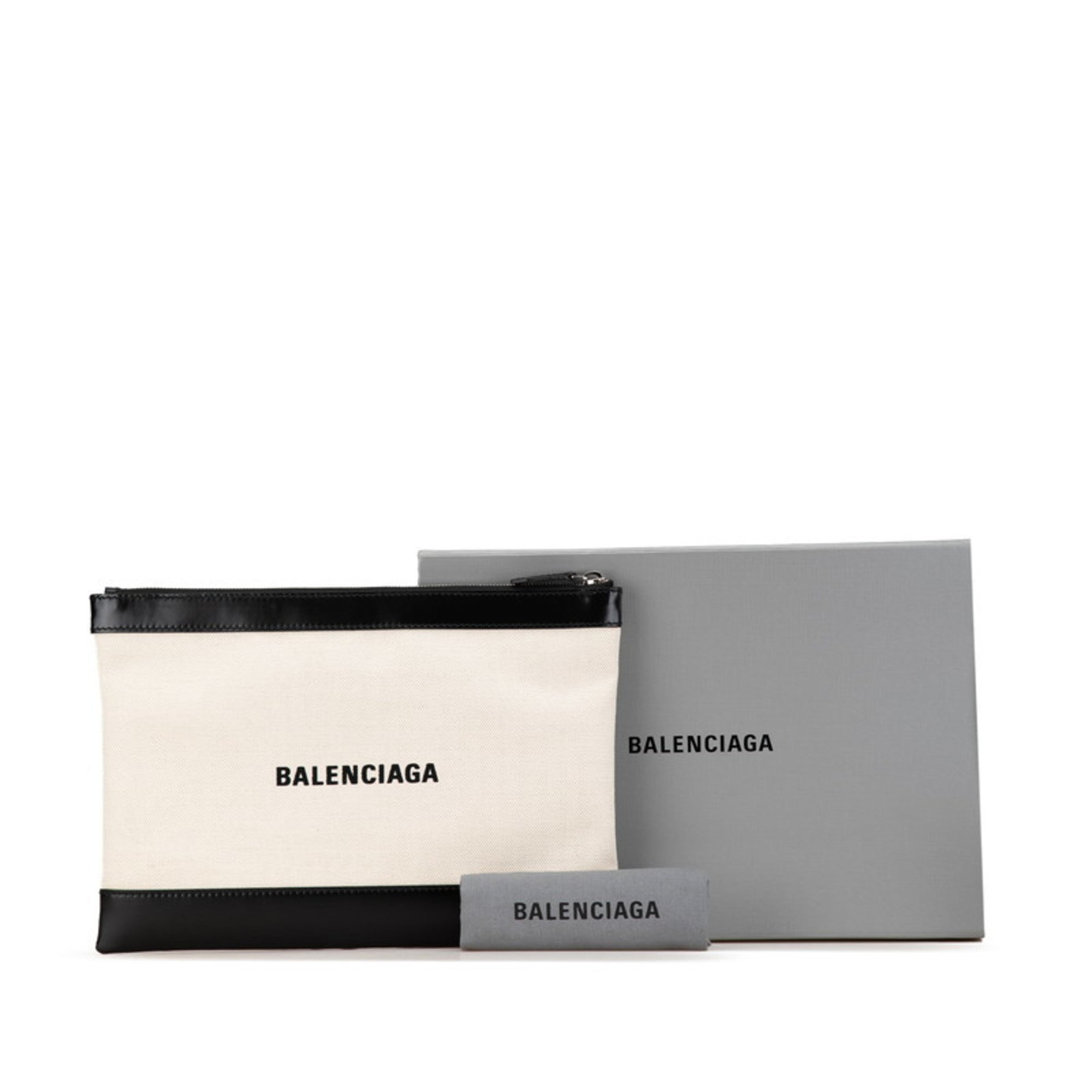 Balenciaga Beige Black Canvas Leather Clutch Bag (Pre-Owned)