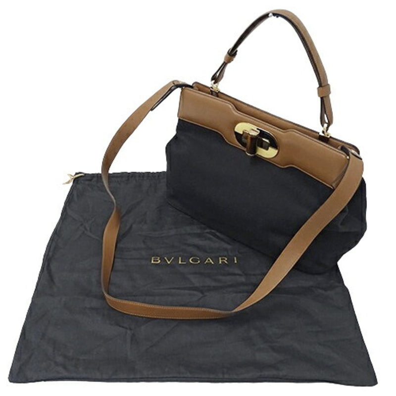 Bvlgari Black Brown Canvas Leather Handbag Shoulder Bag (Pre-Owned)