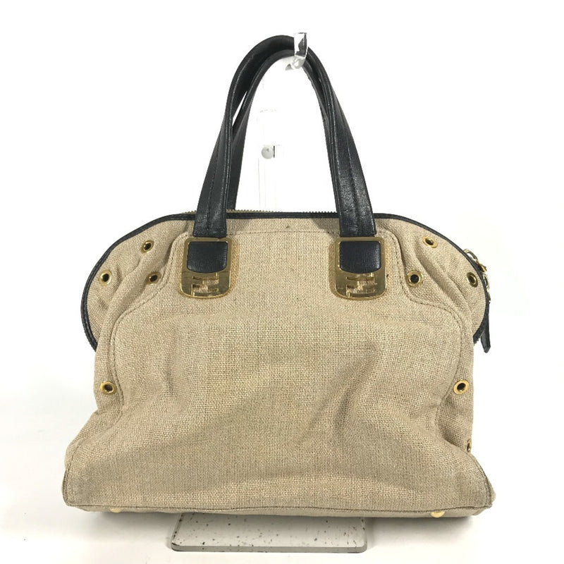 Fendi Beige Black Hemp Leather Handbag Shoulder Bag Tote Bag (Pre-Owned)