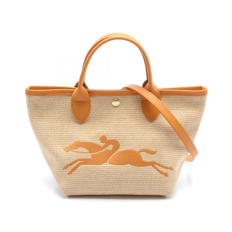 Longchamp Beige Orange Leather Straw Handbag