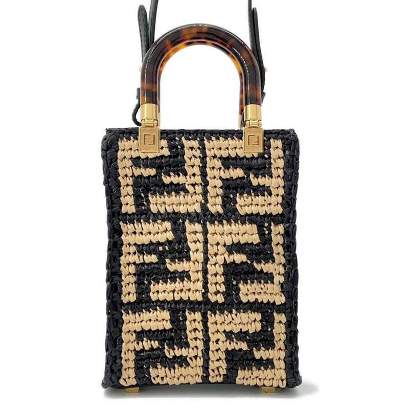 Fendi Beige Black Raffia Leather Handbag Shoulder Bag (Pre-Owned)