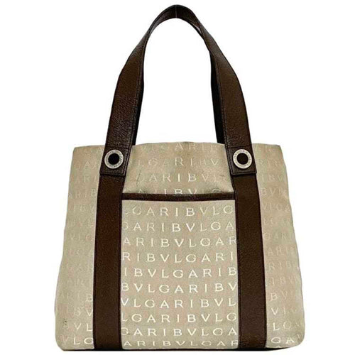 Bvlgari Beige Brown Canvas Leather Tote Bag (Pre-Owned)