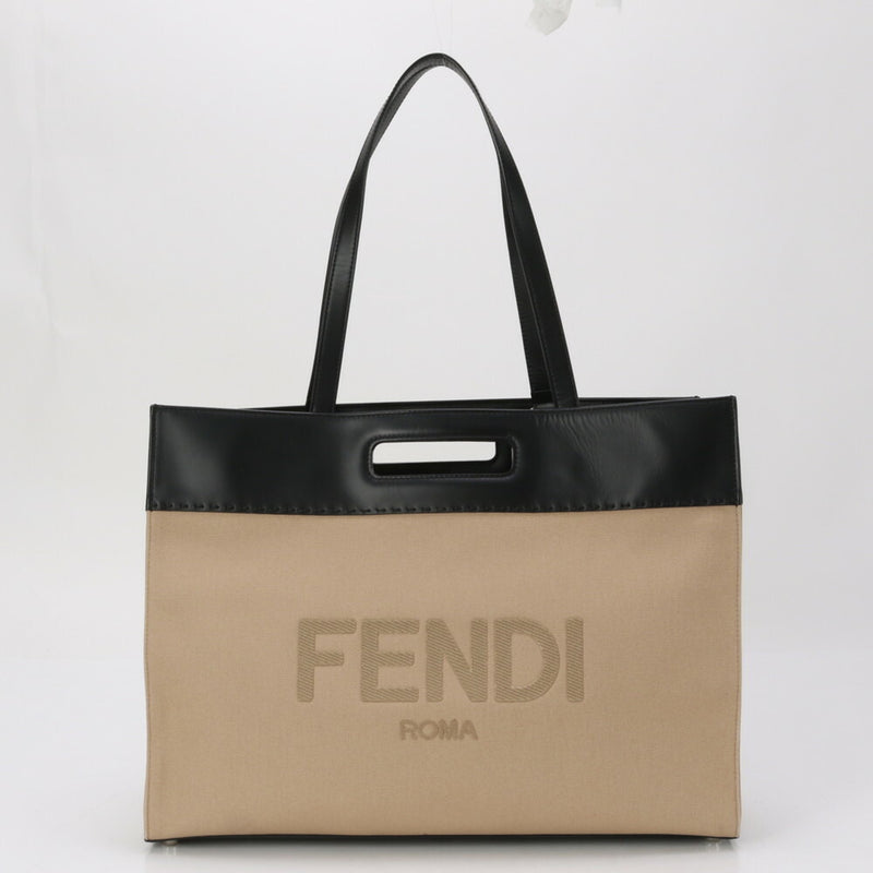 Fendi Beige Black Leather Canvas Shoulder Bag (Pre-Owned)