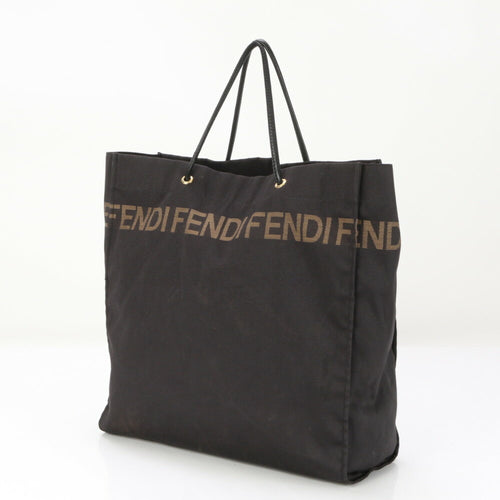 Fendi Black Leather Canvas Shoulder Bag Tote Bag (Pre-Owned)