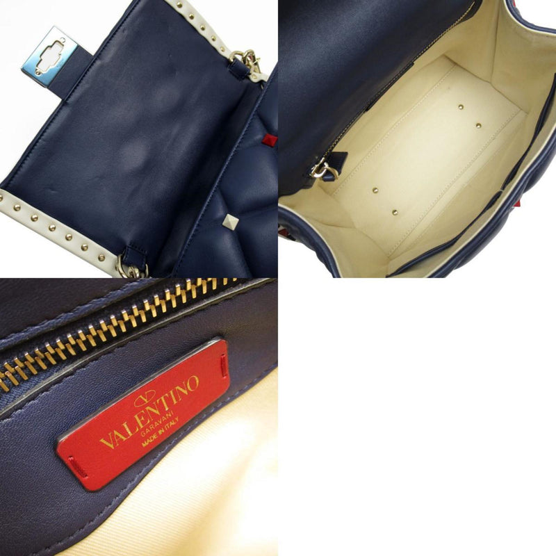 Valentino Garavani Dark Red Navy Off-White Leather Handbag Shoulder Bag (Pre-Owned)