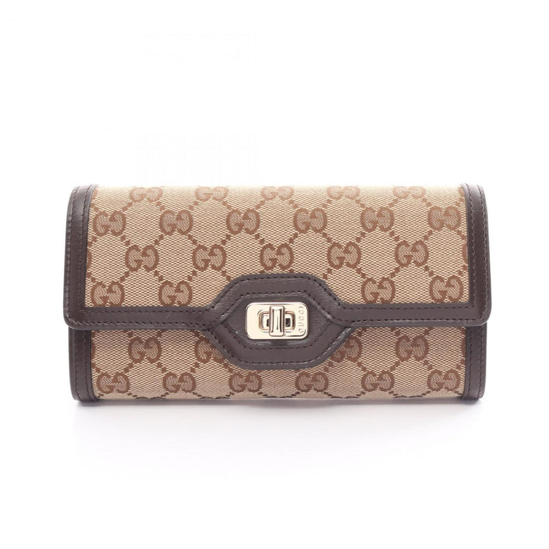 Gucci Beige Brown Canvas Leather Long Wallet (Bi-Fold)