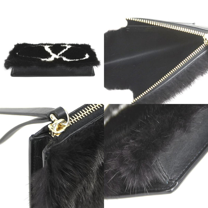 Valentino Garavani Black White Fur Leather Clutch Bag Pouch (Pre-Owned)