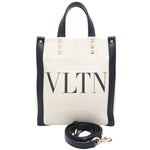 Valentino Garavani Black Ivory Canvas Leather Shoulder Bag (Pre-Owned)