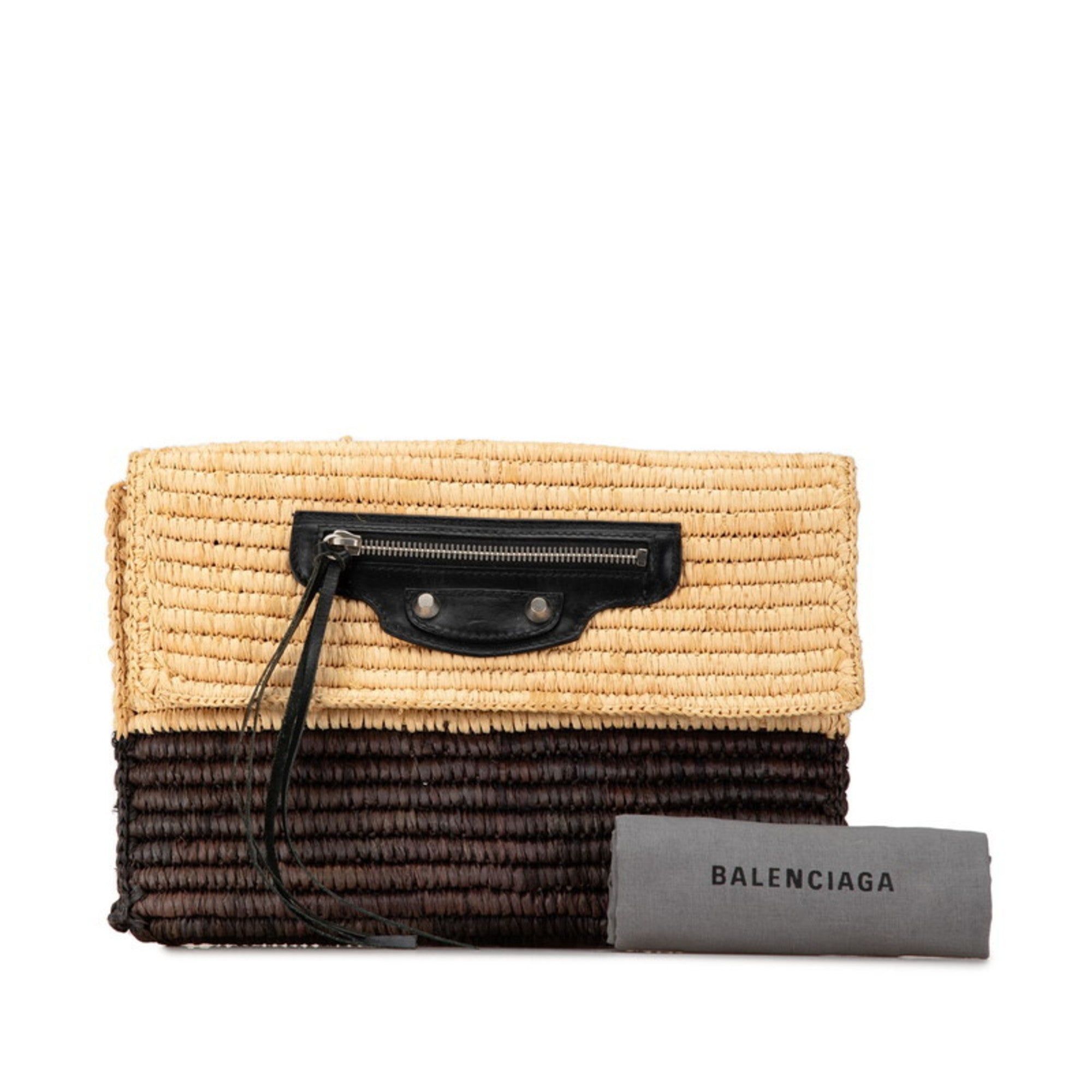 Balenciaga Beige Brown Raffia Leather Clutch Bag (Pre-Owned)