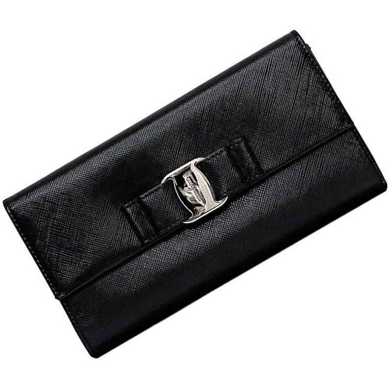 Salvatore Ferragamo Black Leather Long Wallet (Tri-Fold) (Pre-Owned)