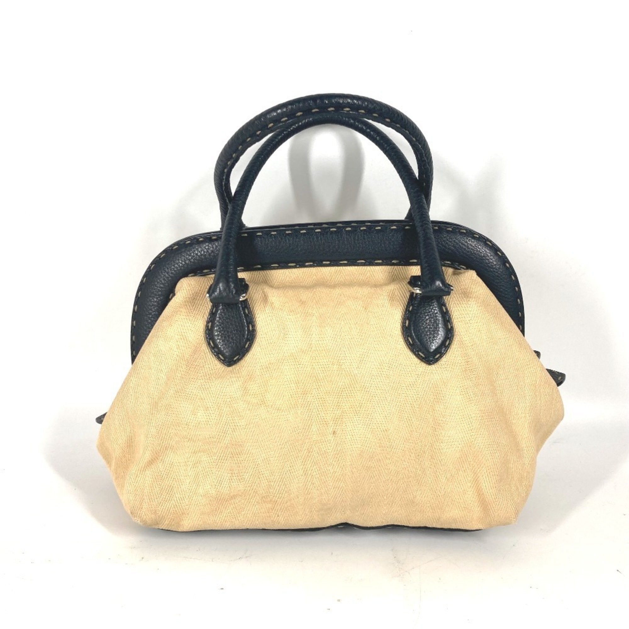 Fendi Selleria Beige Black Leather Canvas Handbag Shoulder Bag (Pre-Owned)