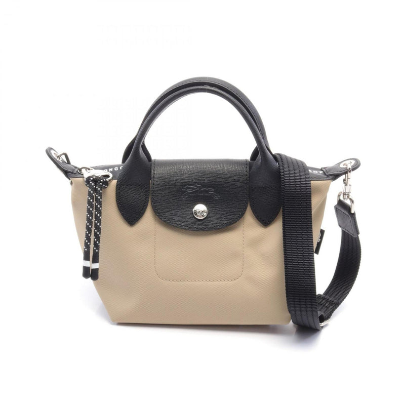 Longchamp Beige Black Nylon Leather Handbag