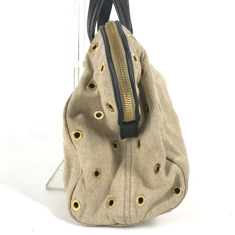 Fendi Beige Black Hemp Leather Handbag Shoulder Bag Tote Bag (Pre-Owned)