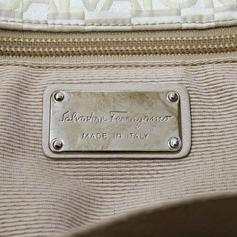 Salvatore Ferragamo Beige White Canvas Handbag Tote Bag (Pre-Owned)