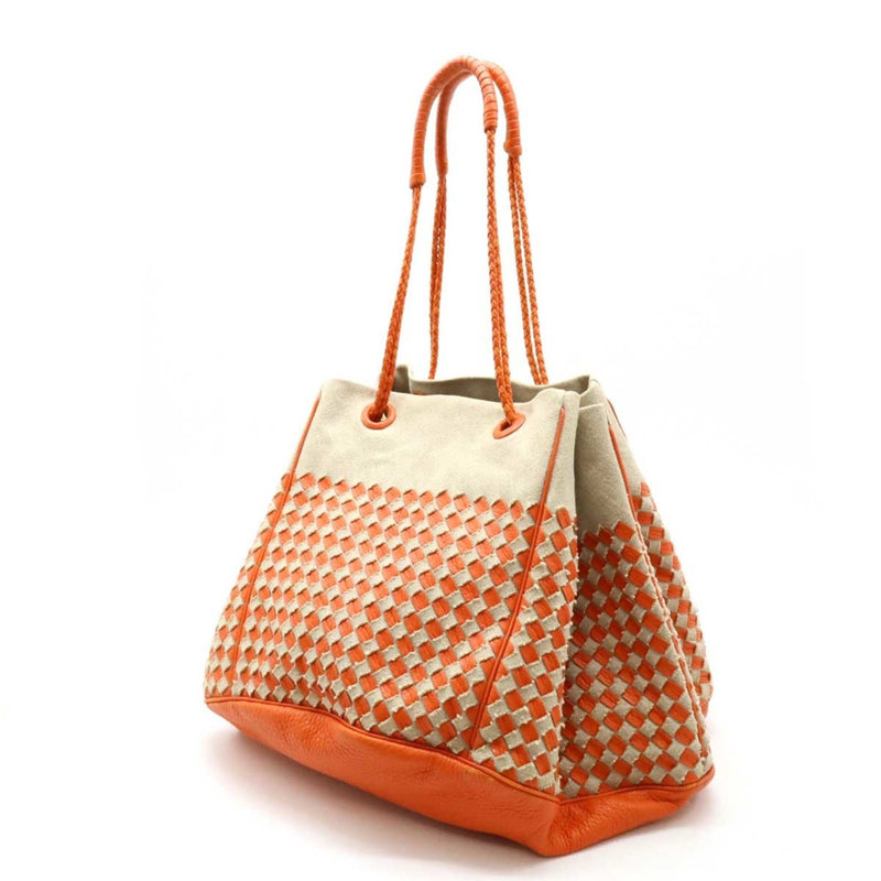 Bottega Veneta Beige Orange Canvas Leather Tote Bag (Pre-Owned)