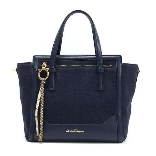 Salvatore Ferragamo Dark Navy Denim Leather Handbag Tote Bag (Pre-Owned)